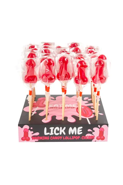 Présentoir de 40 sucettes pénis à la cerise avec effet chauffant épicé