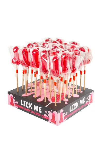 Présentoir de 40 sucettes pénis à la cerise avec effet chauffant épicé